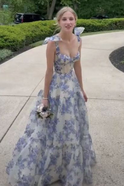 Elegant Floral Print Long Prom Dresses