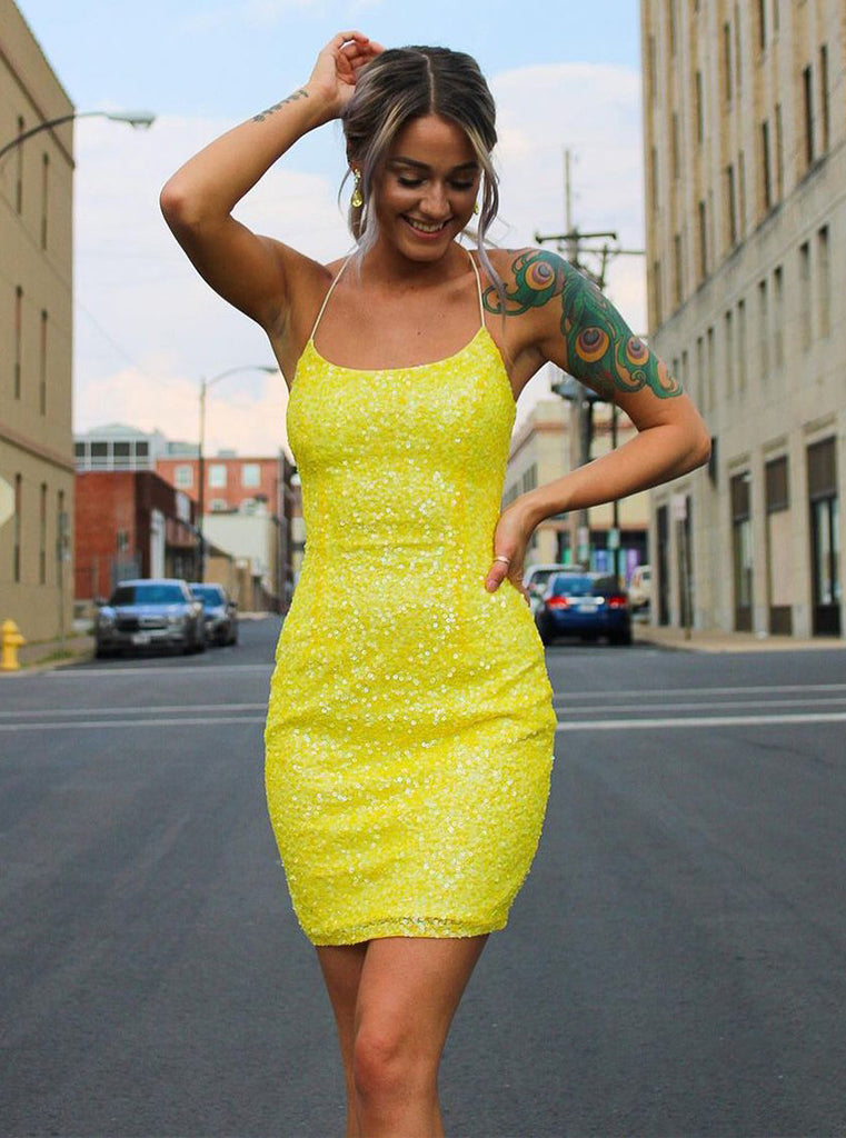Shiny Sheath Yellow Short Homecoming Dress