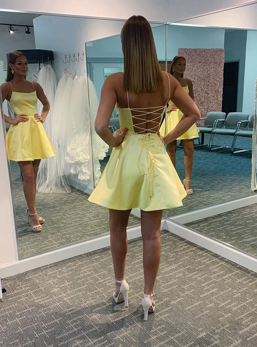 Simple A Line Spaghetti Straps Yellow Homecoming Dress With Lace