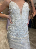 Cute Sheath Deep V-neck 3D Appliques Homecoming Dress