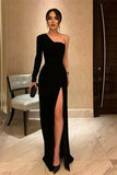 Formal Dress Black One Shoulder Long Sleeve Long Prom Dress