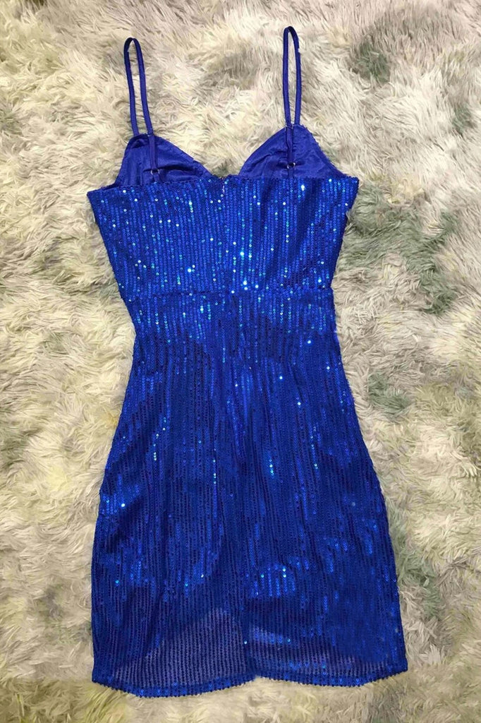 V-neck Sequins Blue Spaghetti Straps Charming Homecoming Dresses Prom Dresses