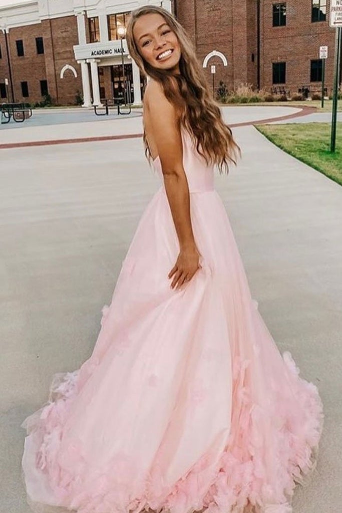 A Line Pink Formal Evening Dresses 3D Flowers Tulle Long Prom
