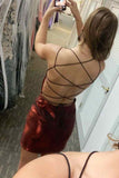 Spaghetti Straps Lace Up Tight Burgundy Short Homecoming Dress