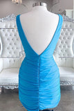 Open Back Simple blue Deep V Neck Short Homecoming Dress