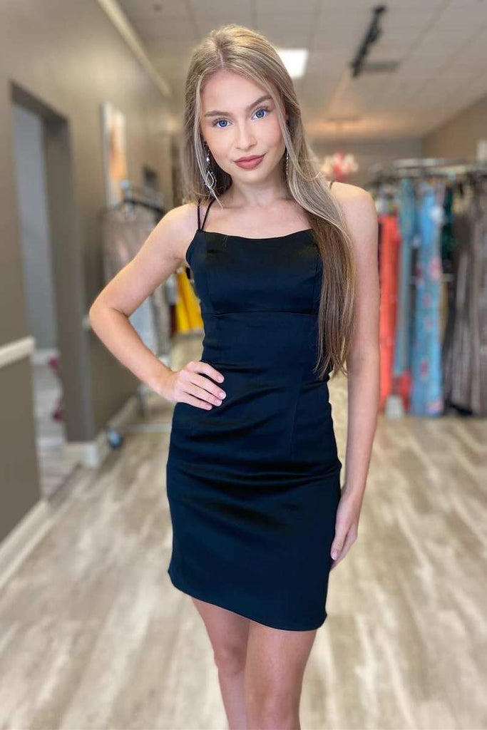 Simple Red Lace up Spaghetti Straps Backless Evening Dress Homecoming Dress