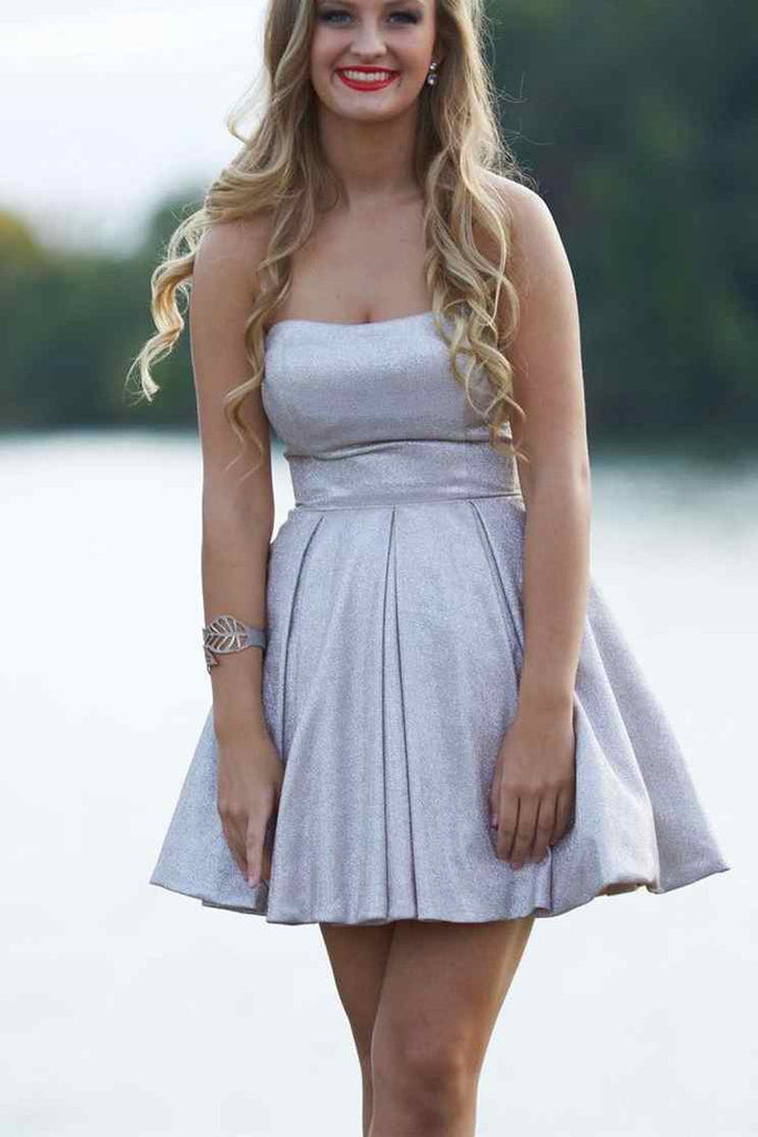 Strapless A Line Straight Acorss Shiny Blue Short Homecoming Dress