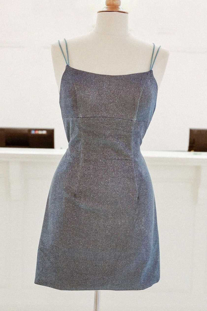 Spaghetti Straps Pretty Backless Blue Lace Up Short Formal Dress Homecoming Dress