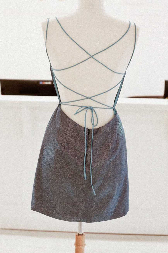 Spaghetti Straps Pretty Backless Blue Lace Up Short Formal Dress Homecoming Dress