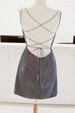 Spaghetti Straps Pretty Backless Blue Lace Up Short Formal Dress Homecoming Dress