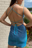 Spaghetti Straps Pretty Backless Blue Lace Up Short Formal Dress Homecoming Dress