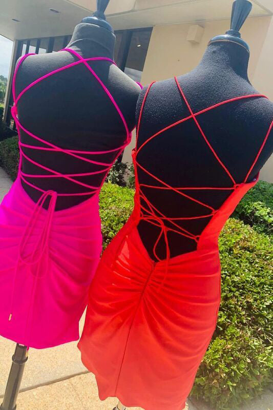 V-neck Satin Sexy Spaghetti Straps Short Prom Dresses, Homecoming Dresses