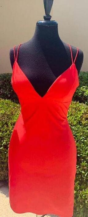 V-neck Satin Sexy Spaghetti Straps Short Prom Dresses, Homecoming Dresses