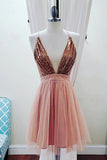 Spaghetti Straps Deep V-neck Sequins Sleeveless Short Prom Dresses Homecoming Dresses