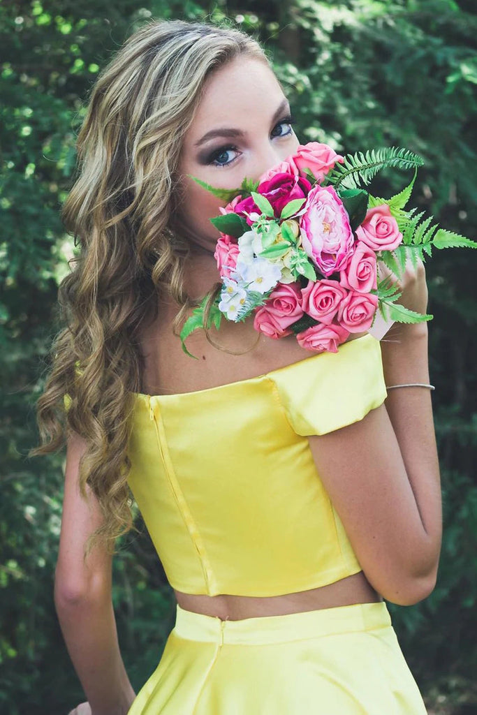Off the shoulder Stain Two Pieces Yellow Short Prom Dresses, Homecoming Dresses