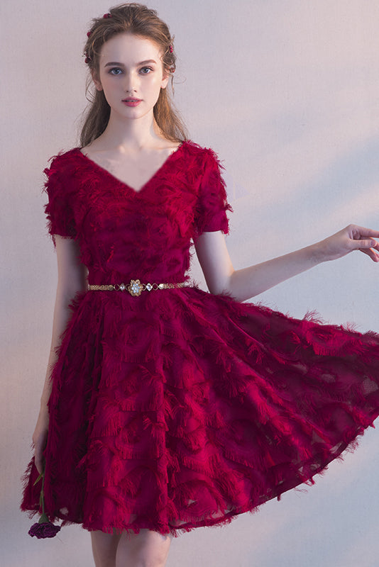 Short Sleeves V-Neck Tea-length Party Dress with Featherss Prom Dress Homecoming Dresses