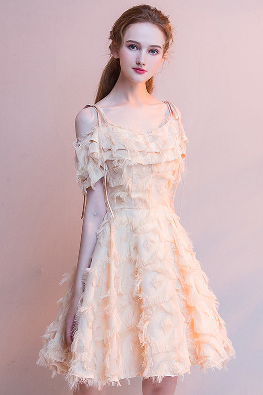 Light Champagne Scoop Neck Tea-Length Homecoming Dresses With Tassels