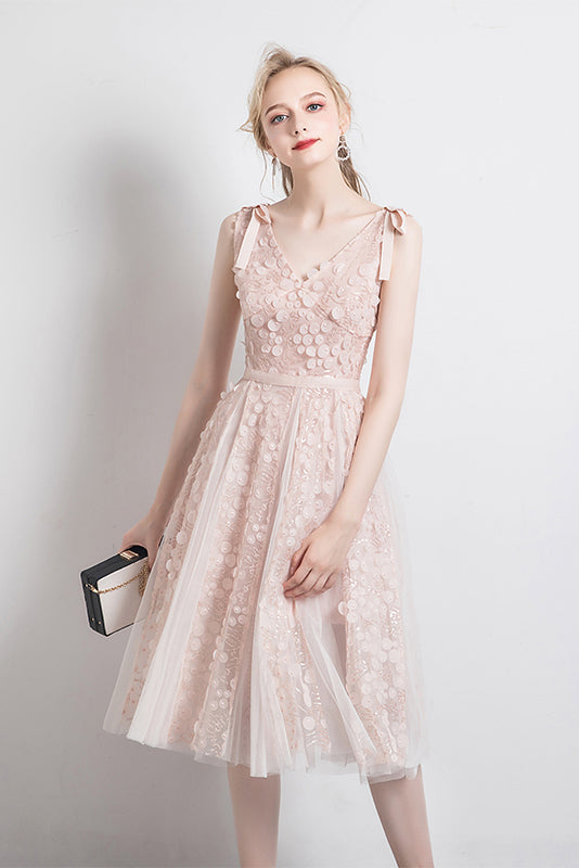Apricot V Neck Spaghetti Straps Tulle Prom Dress Short Homecoming Dresses
