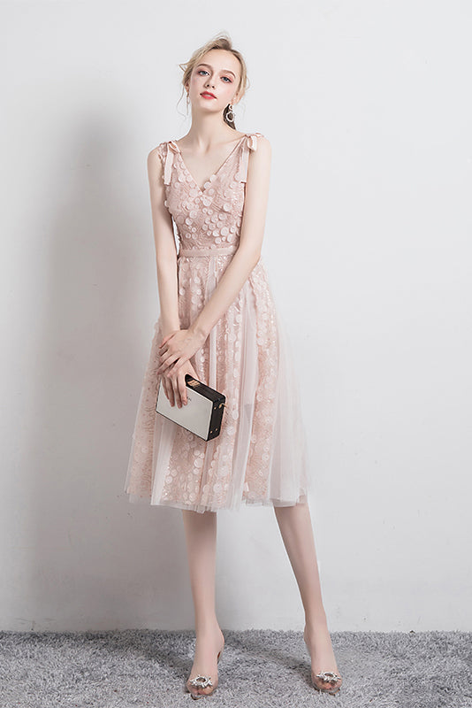 Apricot V Neck Spaghetti Straps Tulle Prom Dress Short Homecoming Dresses