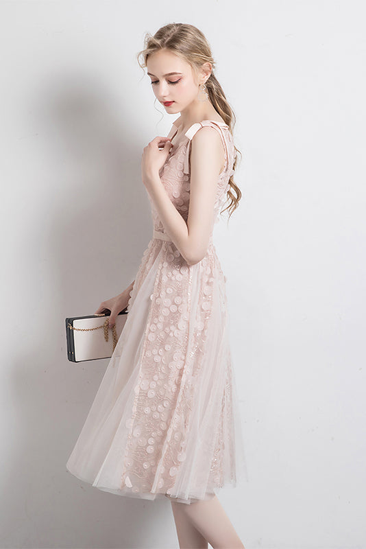 Apricot V Neck Spaghetti Straps Tulle Prom Dress Short Homecoming Dresses