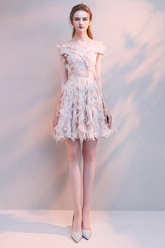 Off-The-Shoulder Light Champagne Evening Party Dress Homecoming Dresses With Tassels