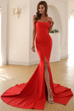 Red Mermaid Strapless Split Thigh Long Prom Dress Women Dresses