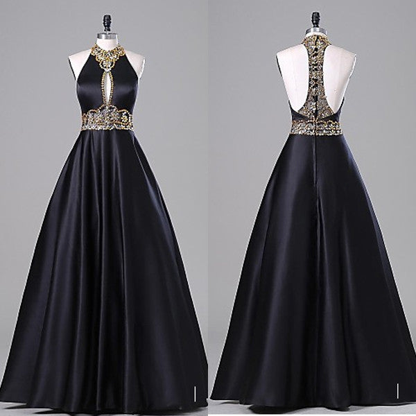 Empire Waist Backless Halter Black Ball Gown Sexy Evening Dress Graduation Dress Prom Dresses