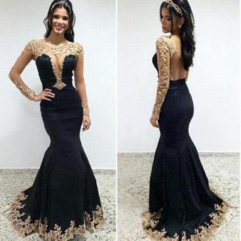 Backless Long Sleeves Mermaid Gold Lace Black Evening Gowns Prom Dresses