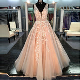 Lace V Neck Blush Pink Ball Gown Quinceanera Dresses Prom Dress