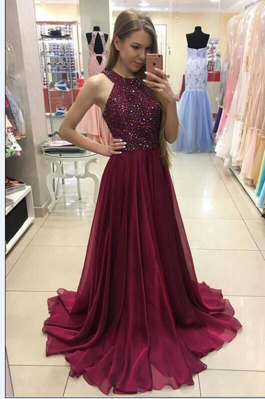 Red A High Neck Beaded Evening Gowns Dresses – Laurafashionshop