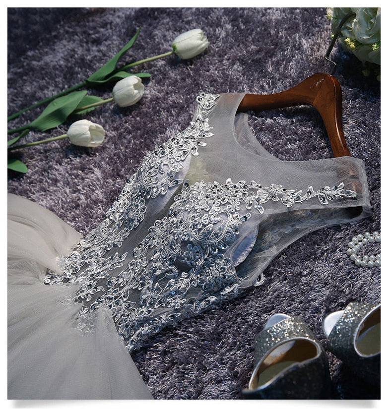 See Through A Line Grey Lace Appliques Tiered Tulle Homecoming Dresses Short Prom Dress