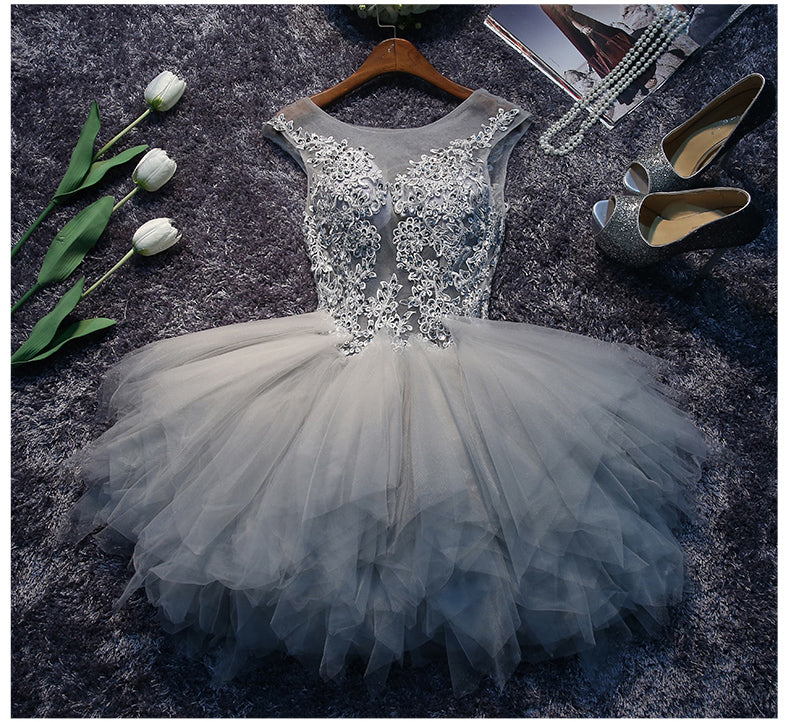 See Through A Line Grey Lace Appliques Tiered Tulle Homecoming Dresses Short Prom Dress