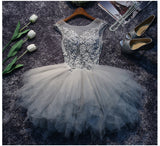 See Through A Line Grey Lace Appliques Tiered Tulle Homecoming Dresses Short Prom Dress