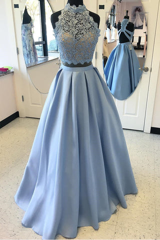 Light Blue High Neck Lace Party Dresses Backless Evening Gowns Prom Dress