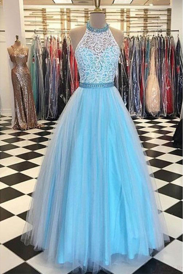 High Neck Halter White Lace Light Blue Evening Gowns Prom Dress
