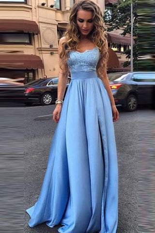 Empire Waist Strapless Light Blue Lace Long Fashion Evening Prom Dresses