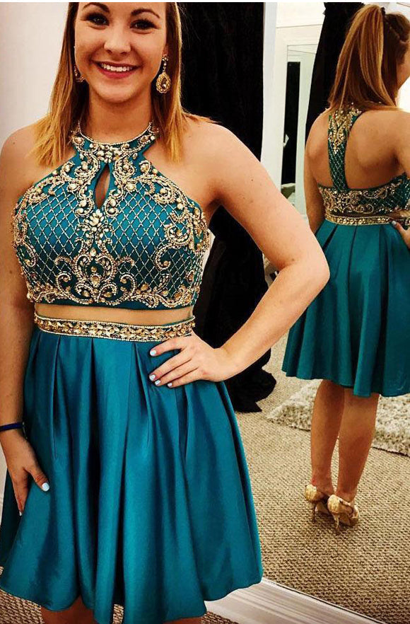 Chic Two Pieces Halter Backless Green Beaded Homecoming Dresses Short Prom Dress