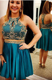 Chic Two Pieces Halter Backless Green Beaded Homecoming Dresses Short Prom Dress