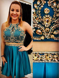 Chic Two Pieces Halter Backless Green Beaded Homecoming Dresses Short Prom Dress