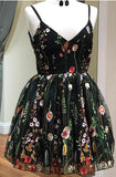 New Arrival Embroidery Black Spaghetti Straps Homecoming Dresses Short Prom Dress