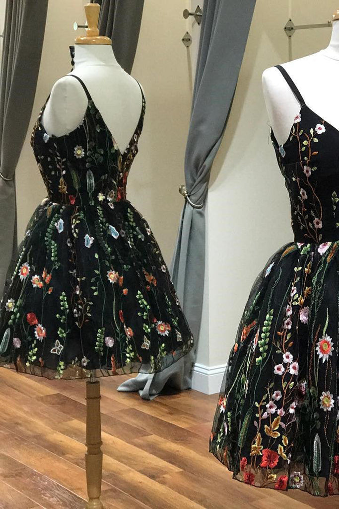 New Arrival Embroidery Black Spaghetti Straps Homecoming Dresses Short Prom Dress