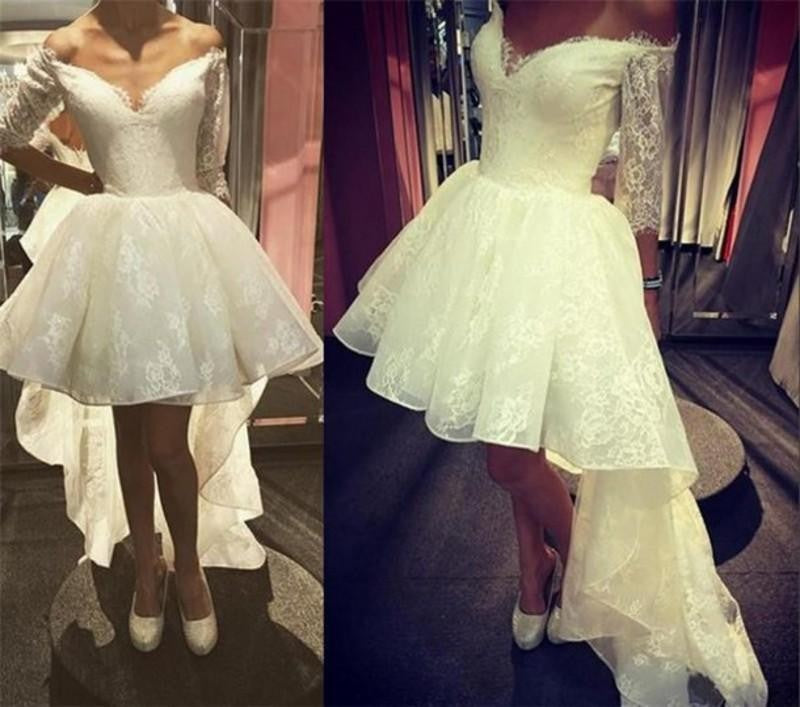 Fashion Ivory Lace 3/4 Long Sleeves Front Short Long Back Homecoming Dresses Prom Dress