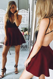 Sexy Burgundy Backless Spaghetti Straps V Neck Short Homecoming Dresses Prom Dress Party
