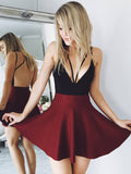 Sexy Burgundy Backless Spaghetti Straps V Neck Short Homecoming Dresses Prom Dress Party