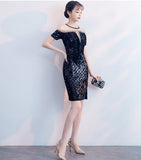 Chic Short Sleeves Black Sequin Mermaid Shiny Short Homecoming Dresses Prom Dress Party Gown