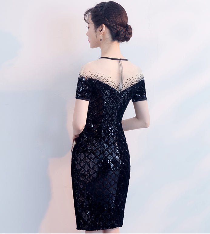 Chic Short Sleeves Black Sequin Mermaid Shiny Short Homecoming Dresses Prom Dress Party Gown