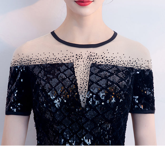 Chic Short Sleeves Black Sequin Mermaid Shiny Short Homecoming Dresses Prom Dress Party Gown