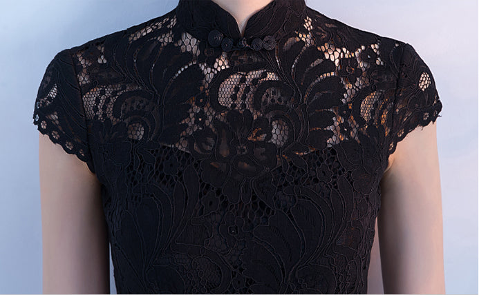 Cap Sleeves Black Lace Mermaid Stand Collar Short Homecoming Dresses Prom Dress