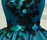 Lace Appliques Flowers Green Satin Ball Gown Homecoming Dresses Short Prom Dress