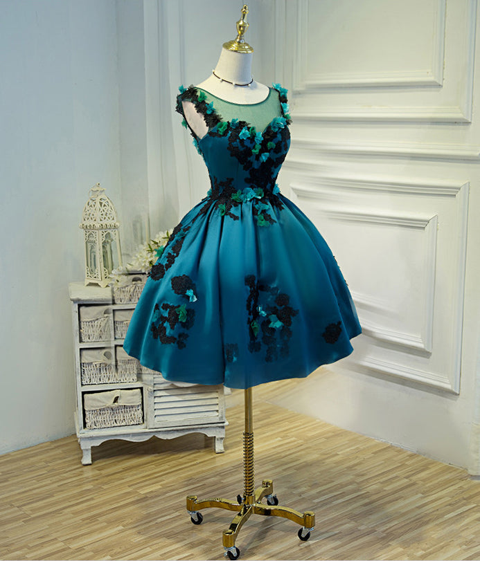 Lace Appliques Flowers Green Satin Ball Gown Homecoming Dresses Short Prom Dress